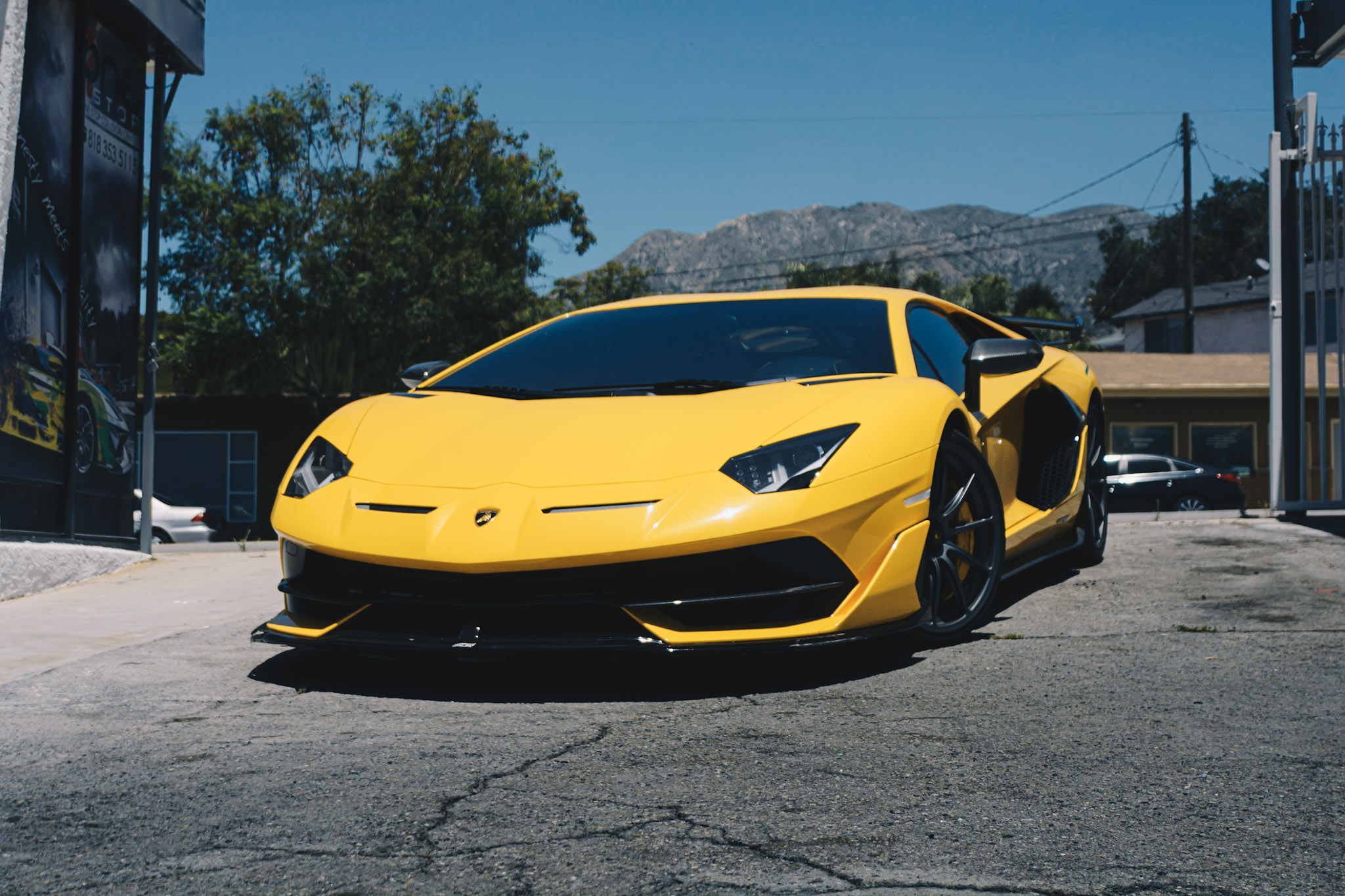 Yellow Lamborghini photographed outside One Stop Collision Center in Tujunga